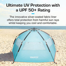 Load image into Gallery viewer, Yaufey Premium Beach Tent Easy Setup – Portable 3-4 Person Beach Shade Tent Sun Shelter with UPF 50+ Rated Sun Protection &amp; Extended Porch - Beach Tents Sun Shelter Beach Essentials
