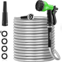 Load image into Gallery viewer, Yaufey 50ft 304 Stainless Steel Metal Garden Hose, Heavy Duty Water Hoses with 2 Nozzles for Yard, Outdoor - Flexible, Never Kink &amp; Tangle, Puncture Resistant
