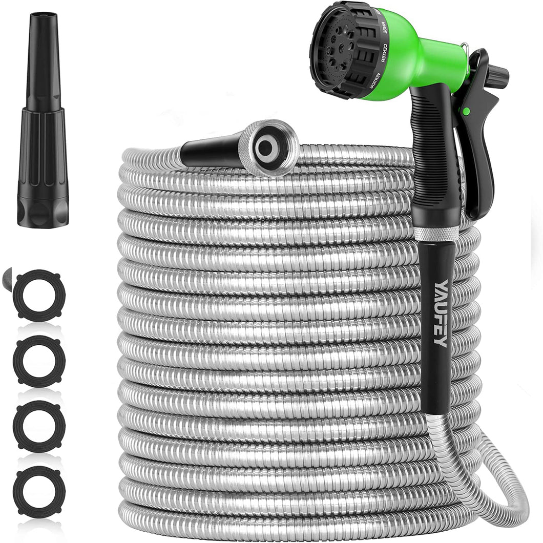 Yaufey 50ft 304 Stainless Steel Metal Garden Hose, Heavy Duty Water Hoses with 2 Nozzles for Yard, Outdoor - Flexible, Never Kink & Tangle, Puncture Resistant